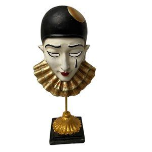 Harlequin Pierrot Clown Head Mask on a stick Gold collar Black Pedestal  Decorat